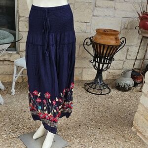 Vtg Floral Chainstitched Flowers On Navy Smocked Waist Midi Skirt S/M